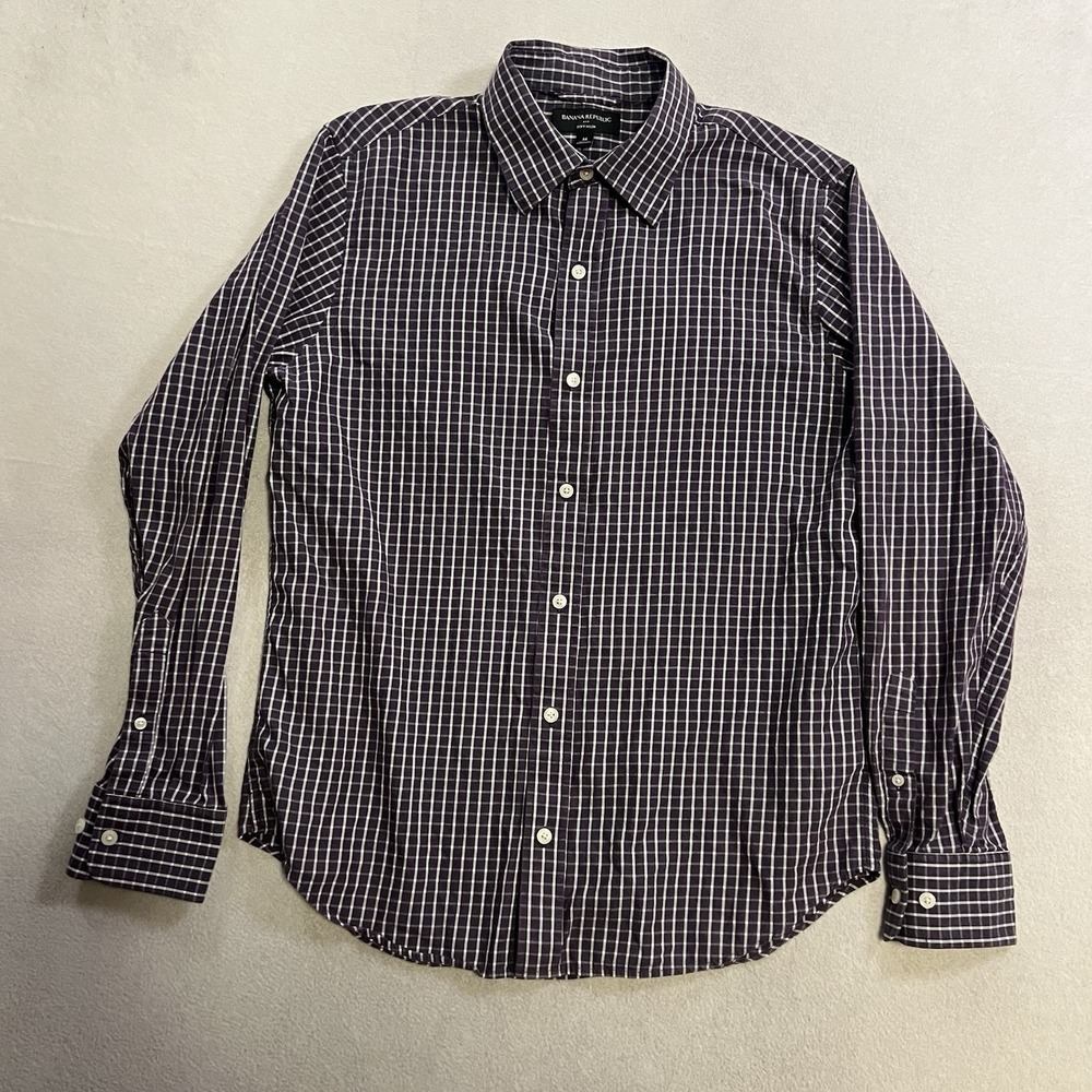 Banana Republic Shirt Men's Medium Purple Plaid Soft Wash Button Up Long Sleeve